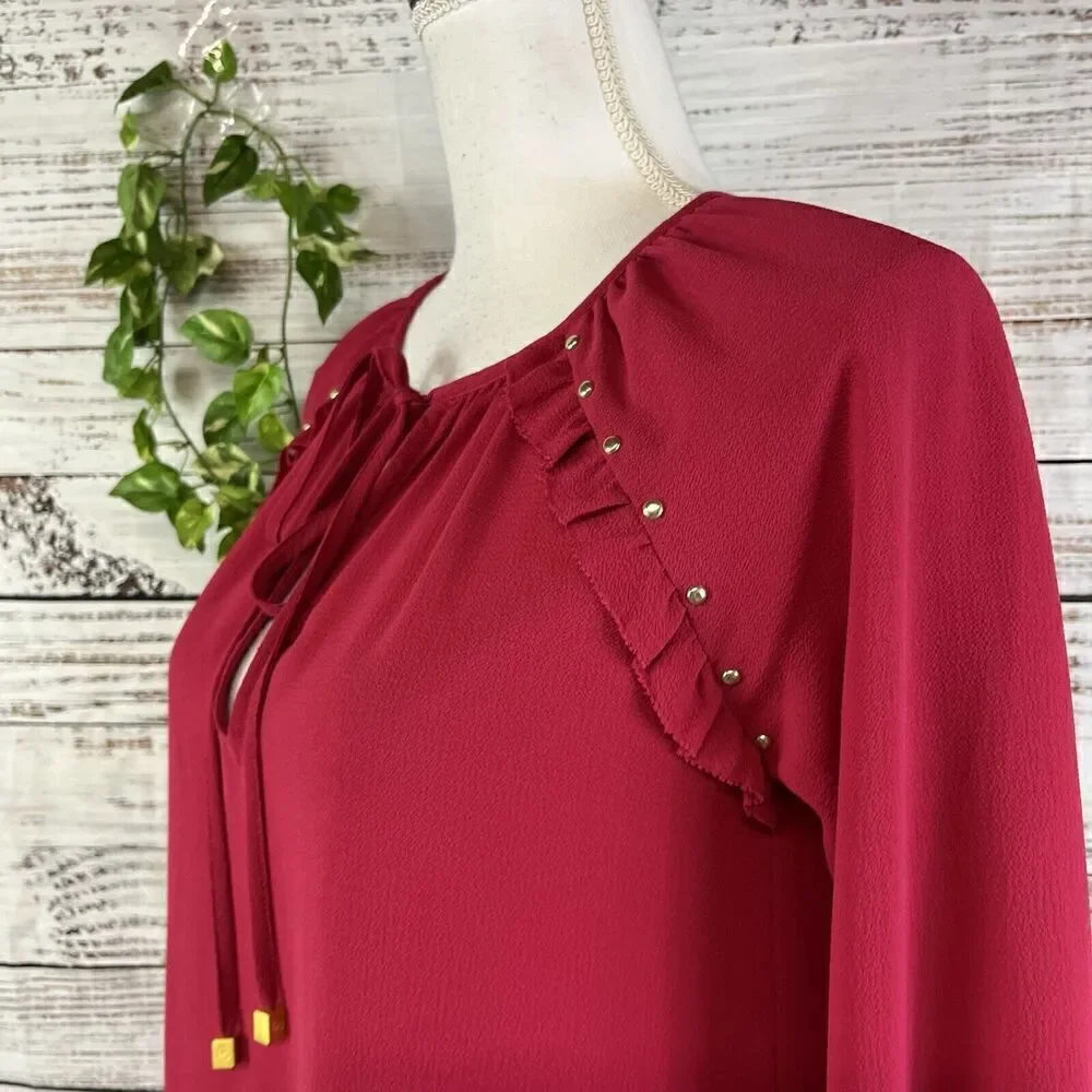 Michael Kors Tunic Blouse size Extra Small Dark Pink Crepe Ruffles Studs Bow Tie